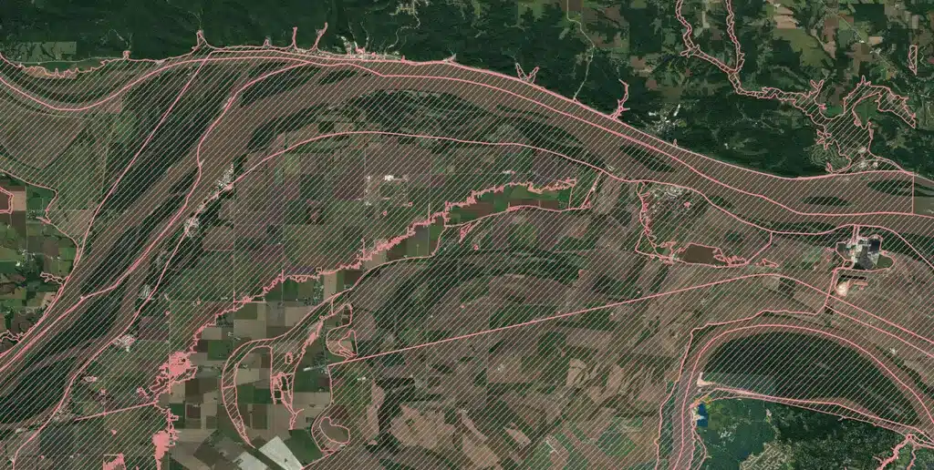 map showing floodplain areas with shaded overlay