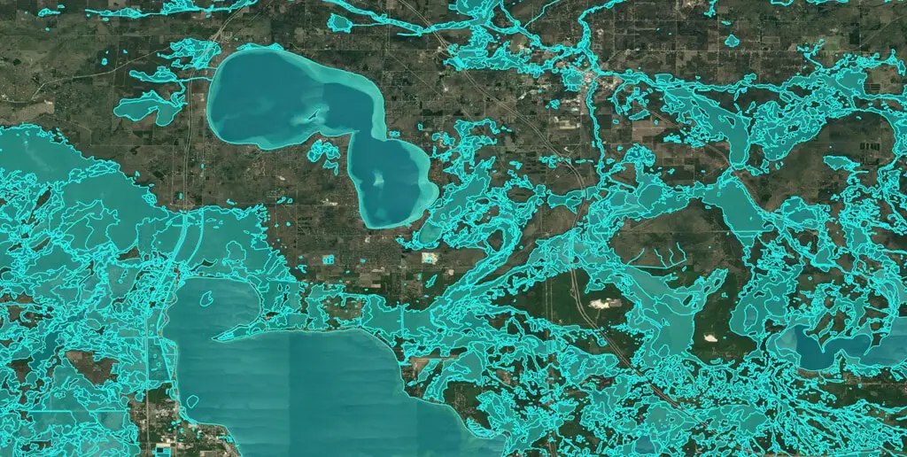 map showing wetlands and water features highlighted in blue