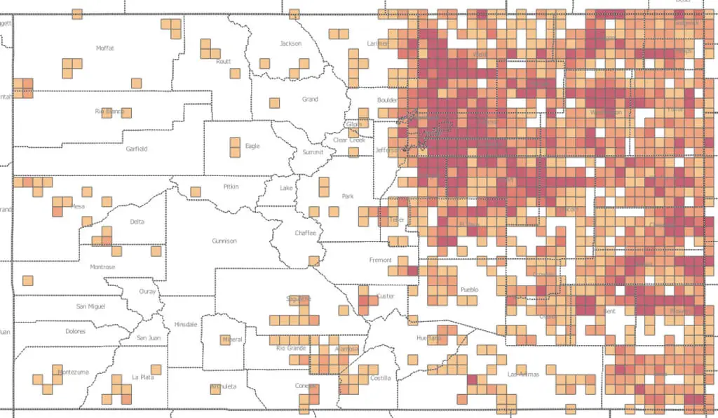 map heatmap showing tornado event density by region