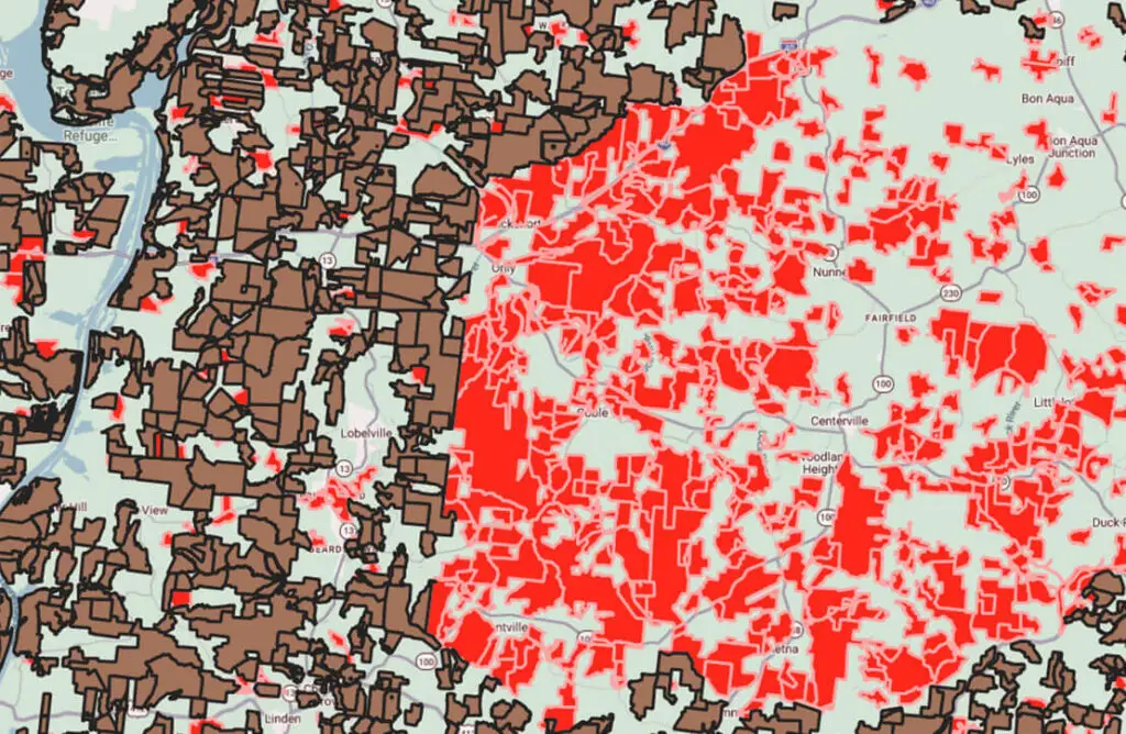 map showing land parcels and highlighted areas in red