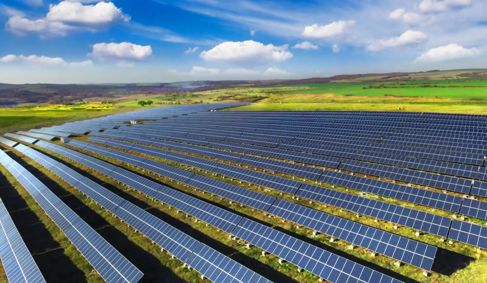 large solar farm with rows of panels in open landscape
